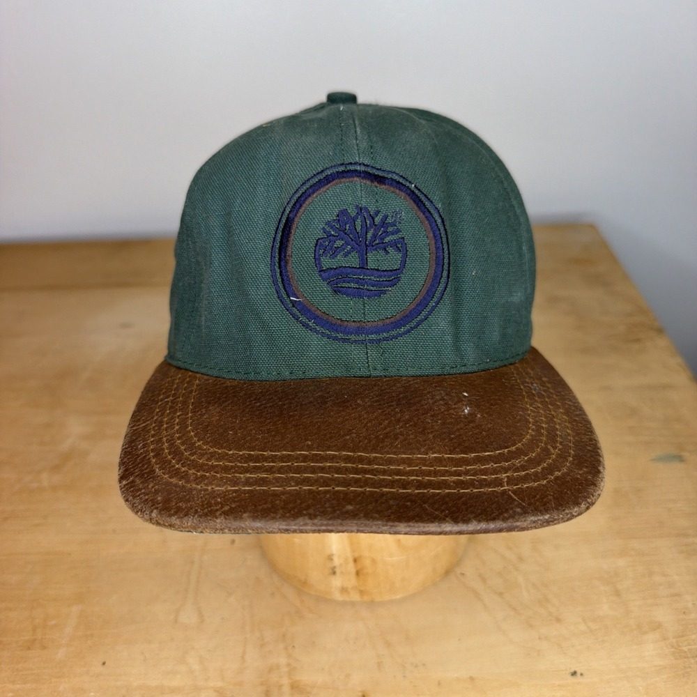 Vintage TIMBERLAND Hat Green Leather Brim and Strap S97209 Made In USA Strapback
